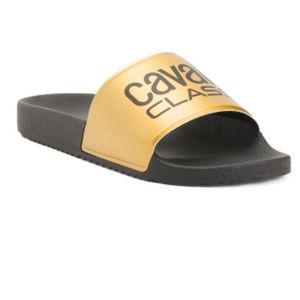 Cavalli Class by Roberto Cavalli Gold Comfort Logo Sandals Slides Authentic NIB